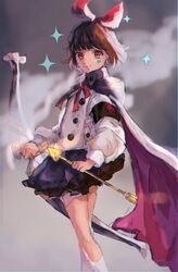  armband arrow_(projectile) bow_(weapon) brown_eyes brown_hair cape commentary_request facial_tattoo female highres nekoyashiki_pushio ribbon skirt solo tattoo terra_battle weapon yukken_(terra_battle) 