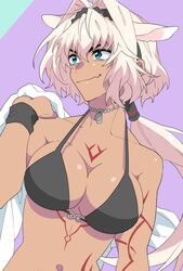  animal_ears bad_id bad_pixiv_id bikini bikini_top_only black_bikini black_hairband blue_eyes breasts caenis_(fate) cleavage dark-skinned_female dark_skin fang_out fate/grand_order fate_(series) female hair_between_eyes hair_intakes hairband jewelry karasumaru large_breasts long_hair looking_back low_ponytail navel necklace oerba_yun_fang smile solo swimsuit tattoo upper_body white_hair wristband 