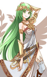  bracelet commentary_request female green_eyes green_hair jewelry kid_icarus kid_icarus_uprising long_hair necklace palutena shoulder_pads smile solo tiara total9 very_long_hair 