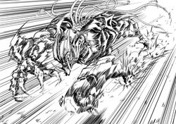  1boy commentary_request crowbar_(transformers) decepticon full_body greyscale highres line_art male_focus monochrome oohara_tetsuya running smile solo tentacle transformers transformers:_dark_of_the_moon transformers_(live_action) 