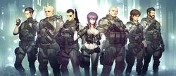  6+boys batou_(gits) beard body_armor boma_(gits) breasts cigarette cleavage commentary cyberpunk cyborg english_commentary facial_hair female ghost_in_the_shell ghost_in_the_shell:_stand_alone_complex_-_first_assault_online ghost_in_the_shell_stand_alone_complex gun handgun ishikawa_(gits) kusanagi_motoko manly multiple_boys paz_(gits) police realistic saitou_(gits) science_fiction submachine_gun tactical_clothes tataar togusa_(gits) vest weapon 