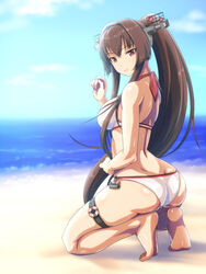  anchor anime_coloring ass beach bikini breasts brown_hair commentary_request day female hair_intakes kantai_collection kneeling large_breasts long_hair looking_at_viewer looking_back monteriakitto ocean outdoors ponytail purple_eyes sidelocks skindentation solo swimsuit thigh_strap very_long_hair white_bikini yamato_(kancolle) 