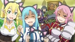  1boy 5girls agil agil_(sao-alo) animal_ears armor asuna_(sao) asuna_(sao-alo) black_gloves blonde_hair blue_hair breasts cat_ears cleavage closed_eyes collar collarbone covering_own_mouth dark_skin detached_sleeves fingerless_gloves game_cg gauntlets gloves green_hair hair_ornament hand_over_own_mouth index_finger_raised indoors leafa lisbeth_(sao) lisbeth_(sao-alo) long_hair medium_breasts multiple_girls official_art open_mouth pauldrons philia_(sao) philia_(sao-alo) pink_eyes pink_hair pointy_ears purple_hair shaded_face short_hair shoulder_armor sparkle sword_art_online sword_art_online:_lost_song yuuki_(sao) 