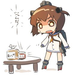  blush bread brown_eyes brown_hair chibi commentary_request dress female food hair_ornament jam kantai_collection long_sleeves open_mouth sailor_dress short_hair standing table translated ugif white_background yukikaze_(kancolle) 