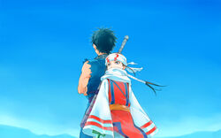  1boy back-to-back black_hair blue_background blue_eyes blue_hair blue_sky brown_hair commentary_request cowboy_shot crossed_arms day female flat_chest floating_hair habuki headband height_difference kingdom_(series) kyoukai_(kingdom) long_hair long_sleeves looking_away sash scarf shin_(kingdom) short_hair sky sleeveless sleeves_past_wrists standing sword sword_behind_back tabard torn_clothes torn_sleeves weapon wide_sleeves wind 