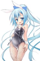  :d animal_ears bare_shoulders black_leotard blue_bow blue_eyes blue_hair bow commentary_request cowboy_shot female fishnet_pantyhose fishnets flower_knight_girl hairbow hand_on_own_hip high_ponytail leotard long_hair looking_at_viewer maou_mikage nerine_(flower_knight_girl) open_mouth pantyhose playboy_bunny ponytail rabbit_ears side-tie_leotard simple_background smile solo standing thigh_gap very_long_hair white_background wrist_cuffs 