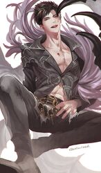  1boy belial_(granblue_fantasy) black_hair black_shirt blood blood_stain boots commentary_request feather_boa granblue_fantasy licking_lips male_focus midriff navel pectoral_cleavage pectorals red_eyes shirt slowl241 smile solo tongue tongue_out twitter_username 