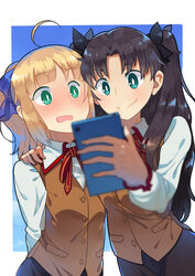  2girls ahoge artoria_pendragon_(fate) black_hair blonde_hair blue_eyes blunt_bangs blush cellphone commentary_request fate/stay_night fate_(series) green_eyes holding holding_phone homurahara_academy_school_uniform long_hair looking_at_phone luo. multiple_girls open_mouth phone ponytail saber_(fate) school_uniform selfie smartphone smile tohsaka_rin two_side_up 