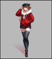  absurdres adjusting_clothes adjusting_headwear alternate_costume animal_hat bikini blue_eyes boots breasts cat_hat cleavage commentary dc_(doughertyevans) evangelion:_3.0_you_can_(not)_redo eyepatch female front-tie_bikini_top front-tie_top fur-trimmed_jacket fur_trim grey_background hand_in_pocket hat highres jacket long_hair neon_genesis_evangelion partially_unzipped photoshop_(medium) ponytail rebuild_of_evangelion short_shorts shorts skindentation small_breasts solo souryuu_asuka_langley swimsuit thigh_gap thighhighs torn_clothes torn_thighhighs untied_shoe 