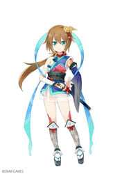  :&gt; asymmetrical_sleeves bell blue_eyes brown_hair collar commentary_request copyright_name female kamaboko_red looking_at_viewer mismatched_sleeves neck_bell official_art oshi_(oshiro_project) oshiro_project:re ponytail solo sword weapon white_background 