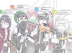  1boy 1other 2girls absurdres androgynous battle_rifle black_eyes black_hair commentary_request eyepatch frying_pan gun highres komi-san_wa_komyushou_desu komi_shouko multiple_girls nakanaka_omoharu osana_najimi_(komi-san_wa_komyushou_desu) playerunknown&#039;s_battlegrounds rifle shino_kitsune shotgun sniper_rifle soldier tadano_hitohito weapon yellow_eyes 