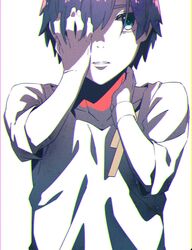  1boy absurdres bad_id bad_twitter_id black_hair blue_eyes bracelet commentary_request darling_in_the_franxx hair_over_one_eye hand_on_own_face hand_on_own_neck highres hiro_(darling_in_the_franxx) jewelry leje39 male_focus shirt solo strangulation_mark 