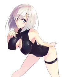  alternate_costume bare_legs bare_shoulders blue_eyes breasts commentary_request female front_zipper_swimsuit grey_hair hair_ornament hair_over_one_eye hairclip hamakaze_(kancolle) highres kantai_collection kuzu_(miduhana) large_breasts leaning_forward looking_at_viewer meme_attire one-piece_swimsuit short_hair solo swimsuit 