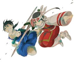  1boy bad_id bad_pixiv_id female green_eyes grin headband kingdom_(series) kyoukai_(kingdom) long_hair parupin ponytail scarf shin_(kingdom) short_hair smile sword weapon 