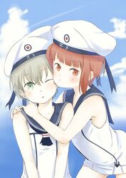  2girls ;o adapted_costume anchor blush brown_eyes cheek-to-cheek clothes_writing commentary_request dress green_eyes grey_hair hands_on_another&#039;s_shoulders hat heads_together hug kantai_collection multiple_girls neckerchief one_eye_closed pout sailor_collar sailor_dress sailor_hat shimesaba_(simesabaikka) short_hair sleeveless sleeveless_dress white_hat z1_leberecht_maass_(kancolle) z3_max_schultz_(kancolle) 