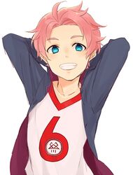  1boy arms_behind_head arms_up blue_eyes commentary_request grin idolmaster idolmaster_side-m jacket kabuto_daigo light_blush long_sleeves looking_at_viewer male_focus nakasaka_sakana numbered open_clothes open_jacket pink_hair shirt simple_background smile solo teeth two-sided_fabric two-sided_jacket v-neck white_background white_shirt 