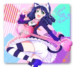  animal_ears bell bloomers blue_eyes blush cat_ears cat_girl cat_tail commentary_request curly_hair cyan_(show_by_rock!!) female guitar heart_guitar highres instrument oerba_yun_fang open_mouth purple_hair show_by_rock!! smile solo strawberry_heart_(show_by_rock!!) striped_clothes striped_thighhighs tail thighhighs tung underwear 