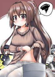  3girls breasts brown_hair brown_sweater bucket cherry_blossoms cleavage commentary_request feet_out_of_frame hibiki_(kancolle) kantai_collection large_breasts long_hair multiple_girls ouno_(nounai_disintegration) pants ponytail ribbed_sweater solo_focus speech_bubble spoken_squiggle squiggle sweat sweater wet wet_clothes wet_sweater white_pants wringing_clothes yamato_(kancolle) z3_max_schultz_(kancolle) 