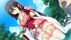  1boy :o black_hair bridal_gauntlets dutch_angle eyes_visible_through_hair female game_cg garter_straps gintarou_(kurousagi108) green_eyes hair_over_eyes hair_ribbon japanese_clothes long_hair looking_at_viewer obi outdoors pleated_skirt ribbon river sash sengoku_koihime_x sengoku_koihime_~otome_kenran_sengoku_emaki~ shirt skirt sleeves_past_wrists solo_focus takenaka_hanbee_shino_shigeharu thighhighs tucking_hair water wet wet_clothes white_legwear white_shirt wide_sleeves 