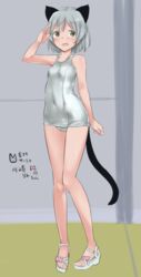  :d amefre animal_ears blush cat_ears cat_tail female green_eyes highres one-piece_swimsuit open_mouth sandals sanya_v_litvyak school_swimsuit short_hair silver_hair smile solo strike_witches swimsuit tail white_school_swimsuit white_swimsuit 