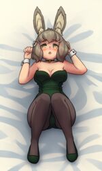  animal_ear_fluff animal_ears bare_shoulders bed_sheet bell blush breasts choker eyebrows female grey_hair jingle_bell large_breasts looking_at_viewer lying monorus neck_bell on_back pantyhose playboy_bunny rabbit_ears sekaiju_no_meikyuu sekaiju_no_meikyuu_5 short_hair solo therian_(sekaiju) therian_2_(sekaiju) triangle_mouth wrist_cuffs yellow_eyes 