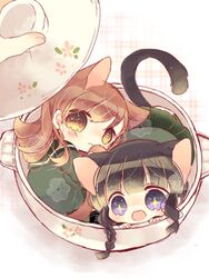  2girls :3 animal_ears bad_id bad_pixiv_id black_hair blue_eyes braid brown_eyes brown_hair cat_ears cat_tail chibi highres kantai_collection kemonomimi_mode kitakami_(kancolle) multiple_girls neko_nabe nekoto_rina ooi_(kancolle) open_mouth pot star-shaped_pupils star_(symbol) symbol-shaped_pupils tail tears twin_braids 