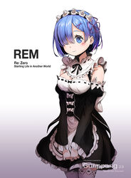  absurdres apron artist_name blue_eyes blue_hair blush breasts character_name closed_mouth commentary_request copyright_name detached_sleeves dress english_text female frilled_apron frills gradient_background gunppang hair_ornament hair_over_one_eye hairband head_tilt highres korean_commentary long_sleeves looking_at_viewer maid medium_breasts re:zero_kara_hajimeru_isekai_seikatsu rem_(re:zero) ribbon-trimmed_clothes ribbon-trimmed_legwear ribbon_trim roswaal_mansion_maid_uniform short_hair smile solo thighhighs v_arms waist_apron white_apron white_thighhighs x_hair_ornament 