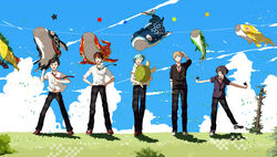  5boys :d ^_^ ahoge animal aqua_hair black_hair blonde_hair blue_eyes blue_sky brown_hair clenched_hand closed_eyes cloud collared_shirt commentary_request contrail day dress_shirt ensemble_stars! full_body grass green_necktie hair_ornament hairclip hand_on_own_hip hands_on_own_hips horizon houhou_(black_lack) kite kodomo_no_hi koinobori looking_afar looking_at_viewer looking_up male_focus morisawa_chiaki multicolored_hair multiple_boys nagumo_tetora necktie open_mouth outdoors outstretched_arms pants plaid plaid_pants plant red_necktie ryuuseitai_(ensemble_stars!) school_uniform sengoku_shinobu shinkai_kanata shirt shuriken sky smile spread_arms standing star_(symbol) streaked_hair takamine_midori turtle v-shaped_eyebrows visible_air weapon wind windsock wing_collar yumenosaki_school_uniform 