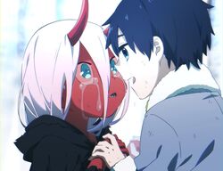  1boy bad_id bad_twitter_id black_cloak black_hair blue_eyes cloak coat colored_skin commentary_request couple crying crying_with_eyes_open darling_in_the_franxx face-to-face female fur_trim green_coat green_eyes grey_coat highres hiro_(darling_in_the_franxx) holding_hands hood hooded_cloak horns leje39 long_hair looking_at_another oni_horns pink_hair red_skin spoilers straight tears zero_two_(darling_in_the_franxx) 