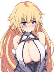  bare_shoulders blonde_hair blue_eyes blush breasts chains cleavage closed_mouth commentary_request eyes_visible_through_hair fate/apocrypha fate/extra fate/grand_order fate_(series) female gauntlets headpiece highres isemagu jeanne_d&#039;arc_(fate) jeanne_d&#039;arc_(third_ascension)_(fate) large_breasts long_hair looking_at_viewer nose_blush revision simple_background solo sweatdrop upper_body v_arms very_long_hair white_background 