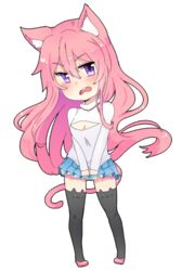  animal_ears artist_request black_legwear blush breasts cat_ears cat_tail chibi cleavage female female gradient_eyes long_hair looking_at_viewer miniskirt multicolored_eyes nyanners official_art open-chest_sweater open_mouth original pigeon-toed pink_hair pleated_skirt purple_eyes shiny_hair shoes skirt skirt_tug small_breasts solo standing straight_hair sweater tail thighhighs transparent_background v_arms very_long_hair zettai_ryouiki 