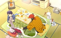  3boys bandana blue_hair commentary_request electrical_outlet enjoji_michiru feline food from_above fruit green_hair grey_hair hanten_(clothes) heater idolmaster idolmaster_side-m japanese_clothes kerosene_heater kizaki_ren kotatsu male_focus mandarin_orange marker multiple_boys sleeping table taiga_takeru tatami the_kogado_(idolmaster) tsuyu_saki under_kotatsu under_the_table water_boiler 