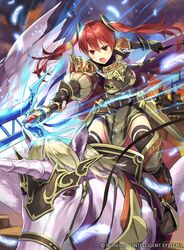  action armor armored_boots black_thighhighs boots breastplate commentary_request feathers female fire fire_emblem fire_emblem_awakening fire_emblem_cipher full_body hmk84 long_hair official_art open_mouth pegasus pegasus_knight_uniform_(fire_emblem) polearm red_eyes red_hair severa_(fire_emblem) solo thighhighs twintails watermark weapon zettai_ryouiki 