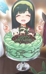  3girls blush brown_hair cake character_doll closed_eyes commentary double_v drooling english_text facing_viewer feline food green_hair green_hairband hairband happy_birthday long_hair mint multiple_girls nhk_(voiceroid) nose_blush solo_focus touhoku_itako touhoku_kiritan touhoku_zunko twintails v voiceroid white_hair yamadori_seika zundamon 