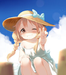  alternate_costume bad_id bad_pixiv_id blonde_hair brown_eyes cloud day dress female furururu futaba_anzu hat idolmaster idolmaster_cinderella_girls long_hair looking_at_viewer low_twintails one_eye_closed shirt sky smile solo straw_hat sun_hat sundress t-shirt twintails 