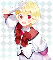  1boy argyle_background battle_lover_scarlet binan_koukou_chikyuu_bouei-bu_love! blonde_hair blush bow commentary_request eyebrows gloves hair_between_eyes hakone_yumoto heart highres looking_at_viewer magical_boy male_focus marui_shiro open_mouth red_eyes salute smile solo two-finger_salute white_gloves 