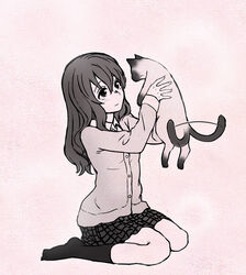  animal bad_id bad_pixiv_id feline female happy koe_no_katachi long_hair monochrome nishimiya_shouko photoshop_(medium) school_uniform simple_background sitting skirt smile socks solo sweater wait8 