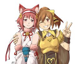  2girls animal_ears blush brown_eyes brown_hair commentary_request delthea_(fire_emblem) dlanon fire_emblem fire_emblem_echoes:_shadows_of_valentia fire_emblem_fates fire_emblem_heroes fox_ears hand_on_another&#039;s_shoulder multiple_girls one_eye_closed pink_hair sakura_(fire_emblem) sakura_(halloween)_(fire_emblem) simple_background smile white_background 