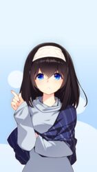  :o black_hair blue_background blue_eyes commentary_request female hairband highres idolmaster idolmaster_cinderella_girls index_finger_raised light_blush long_hair long_sleeves looking_at_viewer parted_lips pointing pointing_up rheez sagisawa_fumika shawl solo sweater 