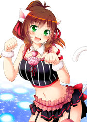  animal_ears blush breasts brown_hair cat_ears cat_tail collarbone commentary_request crop_top female garter_straps green_eyes idolmaster idolmaster_cinderella_girls kemonomimi_mode large_breasts looking_at_viewer maekawa_miku midriff miniskirt navel oerba_yun_fang open_mouth over_the_collar_(idolmaster) paw_pose pink_thighhighs shirt skirt skirt_set sleeveless sleeveless_shirt smile solo tail tekehiro thighhighs wrist_cuffs zettai_ryouiki 