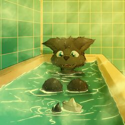  1:1 2018 anthro bath bathing bathtub bent_legs black_body black_fur blue_eyes canid canine canis dakka dakkawoof fangs fur knees_out_of_water knees_pulled_up legs_out_of_water male mammal open_mouth paper_boat sitting solo tail_out_of_water teeth water wolf young young_anthro young_male 