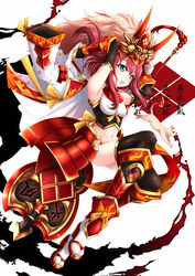  :d aata1007 armor armpits axe bare_shoulders black_gloves black_legwear blue_eyes breasts commentary_request crest elbow_gloves emblem emblem_request fake_horns faulds female full_body gloves greaves gunbai hair_between_eyes headgear highres horned_headwear horns kurosawa_ruby love_live! love_live!_sunshine!! medium_breasts midriff navel open_mouth red_hair red_theme robe sandals smile translation_request vambraces war_fan weapon white_legwear wide_sleeves 