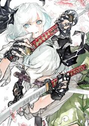  2girls blue_eyes bow commentary covered_eyes fingerless_gloves floral_background flower fujinohara_akihira gloves green_skirt hairbow holding holding_sword holding_weapon katana konpaku_youmu konpaku_youmu_(ghost) mouth_hold multiple_girls short_hair short_sleeves skirt sword teeth_hold touhou weapon white_hair 