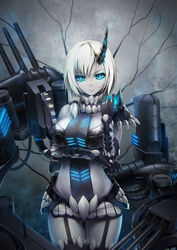  absurdres against_wall armor asymmetrical_bangs asymmetrical_clothes bare_shoulders belt black_gloves black_sclera black_thighhighs blue_eyes breastplate breasts cannon capsule clenched_hand closed_mouth collar colored_sclera cowboy_shot crevice dark_persona elbow_gloves enemy_vessel_(warship_girls_r) expressionless female garter_straps gears gloves hair_over_shoulder highres horns large_breasts looking_at_viewer low_ponytail machinery midriff miniskirt photoshop_(medium) revealing_clothes rodney_(warship_girls_r) short_hair shoulder_pads single_horn skirt solo thighhighs turret warship_girls_r white_hair white_skirt xiaoyin_li 