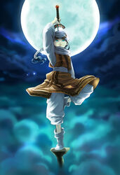  aipe arms_up black_hair boots clothes_around_waist cloud commentary_request female fighting_stance full_moon highres holding holding_sword holding_weapon kingdom_(series) kyoukai_(kingdom) long_hair looking_at_viewer moon pants photoshop_(medium) ponytail pose reverse_trap serious sky solo standing standing_on_object standing_on_one_leg sword turtleneck unsheathed weapon 