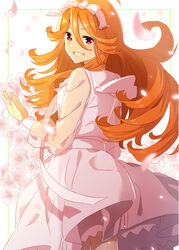  :d ahoge bow commentary_request cowboy_shot dress female floral_background flower from_behind grin hair_between_eyes hairbow hand_up highres long_hair long_sleeves looking_back open_mouth orange_hair petals pink_dress pink_flower puffy_long_sleeves puffy_sleeves red_eyes see-through shiime smile solo standing teeth tokyo_7th_sisters usuta_sumire very_long_hair white_bow 