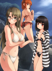  3: 3girls :&lt; akatsuki_miho akemiho_tabi_nikki ass back bad_id bad_pixiv_id bikini black_hair blush bob_cut breast_hold breasts brown_hair cleavage collarbone fukube_tamaki gendai_ninjakko_zukan glasses green_eyes hood hoodie kouno_hikaru large_breasts long_hair looking_back medium_breasts multiple_girls navel open_clothes open_hoodie orange_eyes orange_hair oribe_shiori red_eyes short_hair small_breasts striped_clothes striped_hoodie swimsuit 