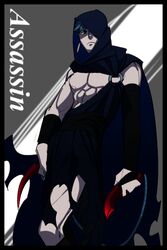  1boy alternate_universe assassin_class_(fate) assassin_class_(fate)_(cosplay) blue_hair cape cloak colored_skin commentary_request cosplay cu_chulainn_(fate) cu_chulainn_(fate/stay_night) dagger dual_wielding earrings fate/stay_night fate_(series) grey_skin holding jewelry knife male_focus ponytail rui_(o-rui) solo weapon 