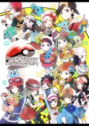  6+boys 6+girls :d ;d anniversary arm_up backpack backwards_hat bag black_hair black_shirt black_thighhighs blue_eyes blue_jacket blue_shirt blue_shorts bow brendan_(pokemon) brown_eyes brown_hair bulbasaur calem_(pokemon) charmander chespin chikorita chimchar closed_eyes collarbone commentary_request cyndaquil dawn_(pokemon) ethan_(pokemon) eyewear_on_head fennekin flame-tipped_tail froakie hair_between_eyes hairbow hat highres hilbert_(pokemon) hilda_(pokemon) holding holding_poke_ball index_finger_raised jacket leaf_(pokemon) long_hair looking_at_viewer looking_back lucas_(pokemon) lyra_(pokemon) may_(pokemon) mudkip multiple_boys multiple_girls nate_(pokemon) one_eye_closed open_mouth oshawott piplup pleated_skirt poke_ball poke_ball_(basic) pokemon pokemon_(creature) pokemon_bw pokemon_bw2 pokemon_dppt pokemon_frlg pokemon_gsc pokemon_hgss pokemon_rse pokemon_xy red_(pokemon) red_bow red_eyes red_hair red_hat red_skirt rosa_(pokemon) ryukadomatsu serena_(pokemon) shirt short_hair short_shorts short_sleeves shorts skirt sleeveless sleeveless_shirt smile snivy squirtle suspenders tepig thighhighs torchic totodile treecko turtwig twintails visor_cap white_background white_hat white_shirt wrist_cuffs zettai_ryouiki 