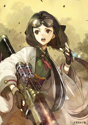  artist_name brown_eyes brown_gloves brown_hair female fingerless_gloves gloves goggles goggles_on_head gun hakase_(toukiden) hidari_(left_side) holding holding_gun holding_weapon long_hair low_twintails mole mole_under_eye open_mouth shirt silhouette solo toukiden toukiden_2 tree twintails very_long_hair watermark weapon 